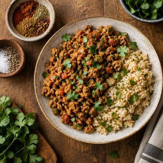 Plate of seasoned ground turkey with rice and fresh cilantro