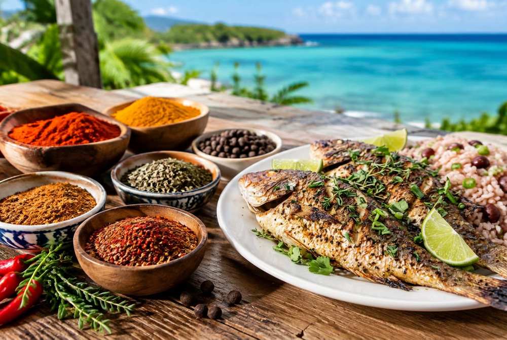 Bowls of colorful spices beside a plate of grilled whole fish with rice and a Caribbean ocean view