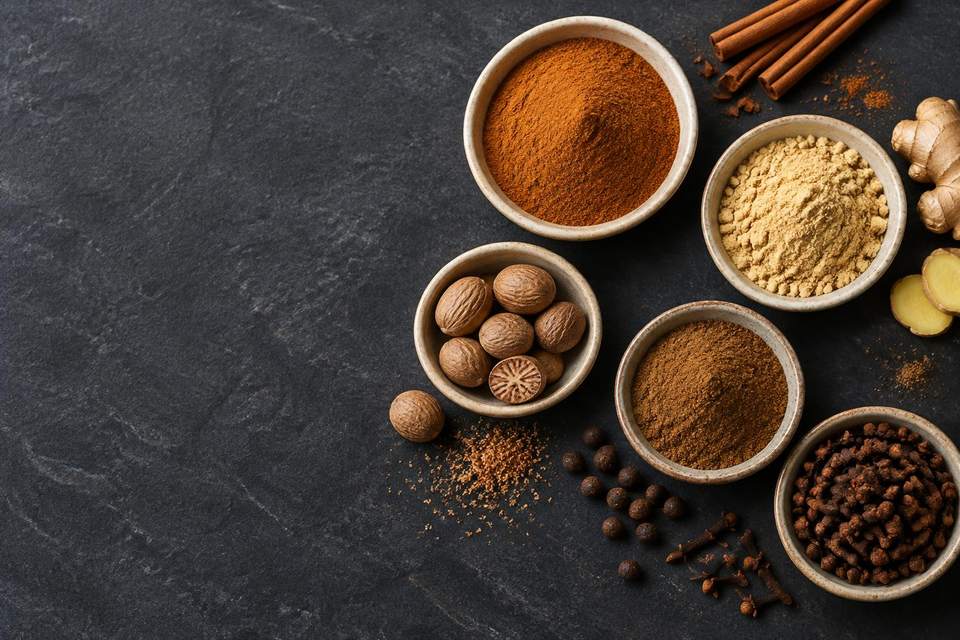A selection of dry seasoning ingredients in small bowls